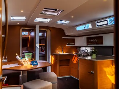Salon of Hind, a Dufour 44 sailboat at Olbia, Italy