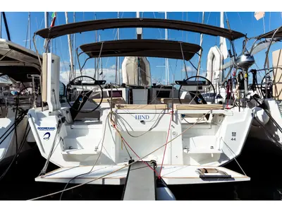 Cockpit of Hind, a Dufour 44 sailboat at Olbia, Italy