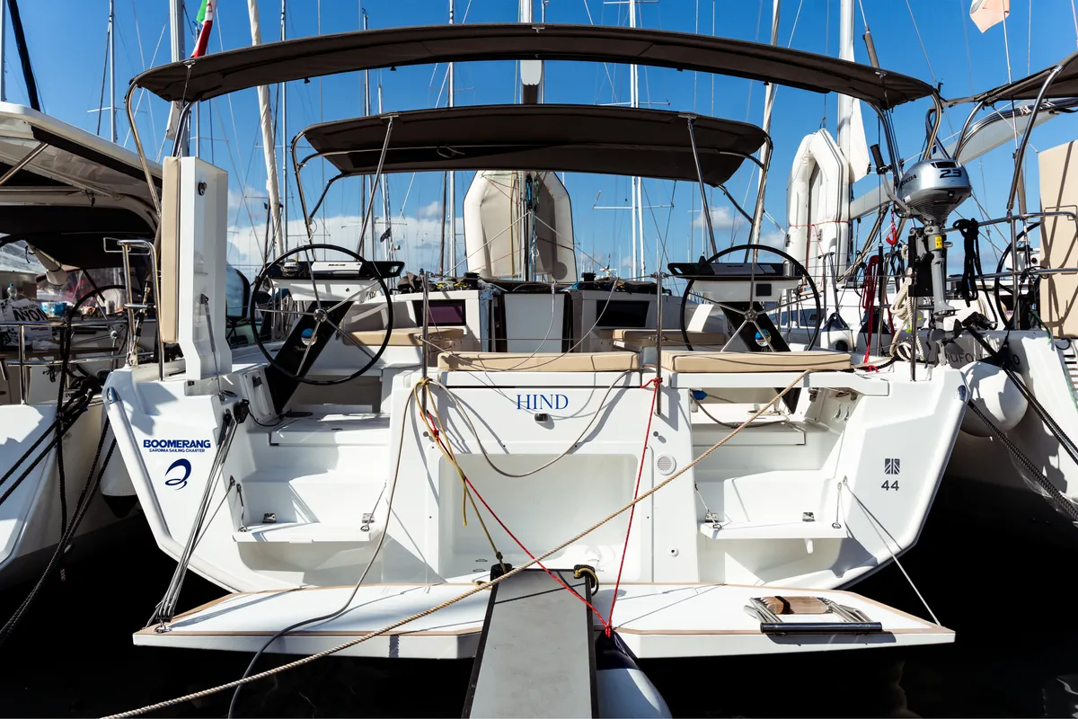 Cockpit of Hind, a Dufour 44 sailboat at Olbia, Italy