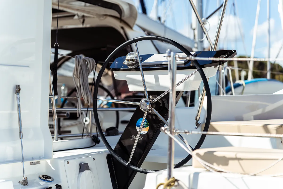 Cockpit of Hind, a Dufour 44 sailboat at Olbia, Italy