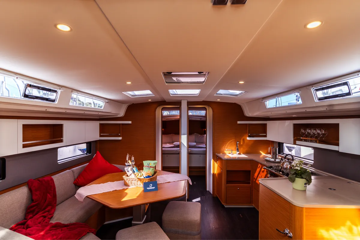 Salon of Hind, a Dufour 44 sailboat at Olbia, Italy