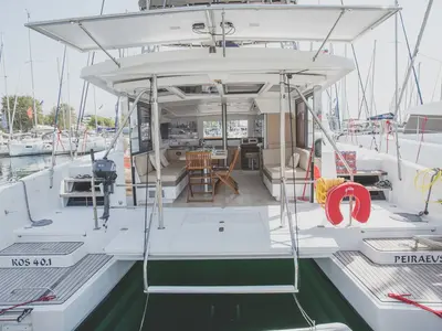Deck of Blue Dream II, a Bali 4.0 catamaran at Keramoti, Greece
