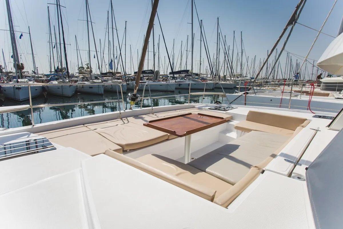Deck of Blue Dream II, a Bali 4.0 catamaran at Keramoti, Greece