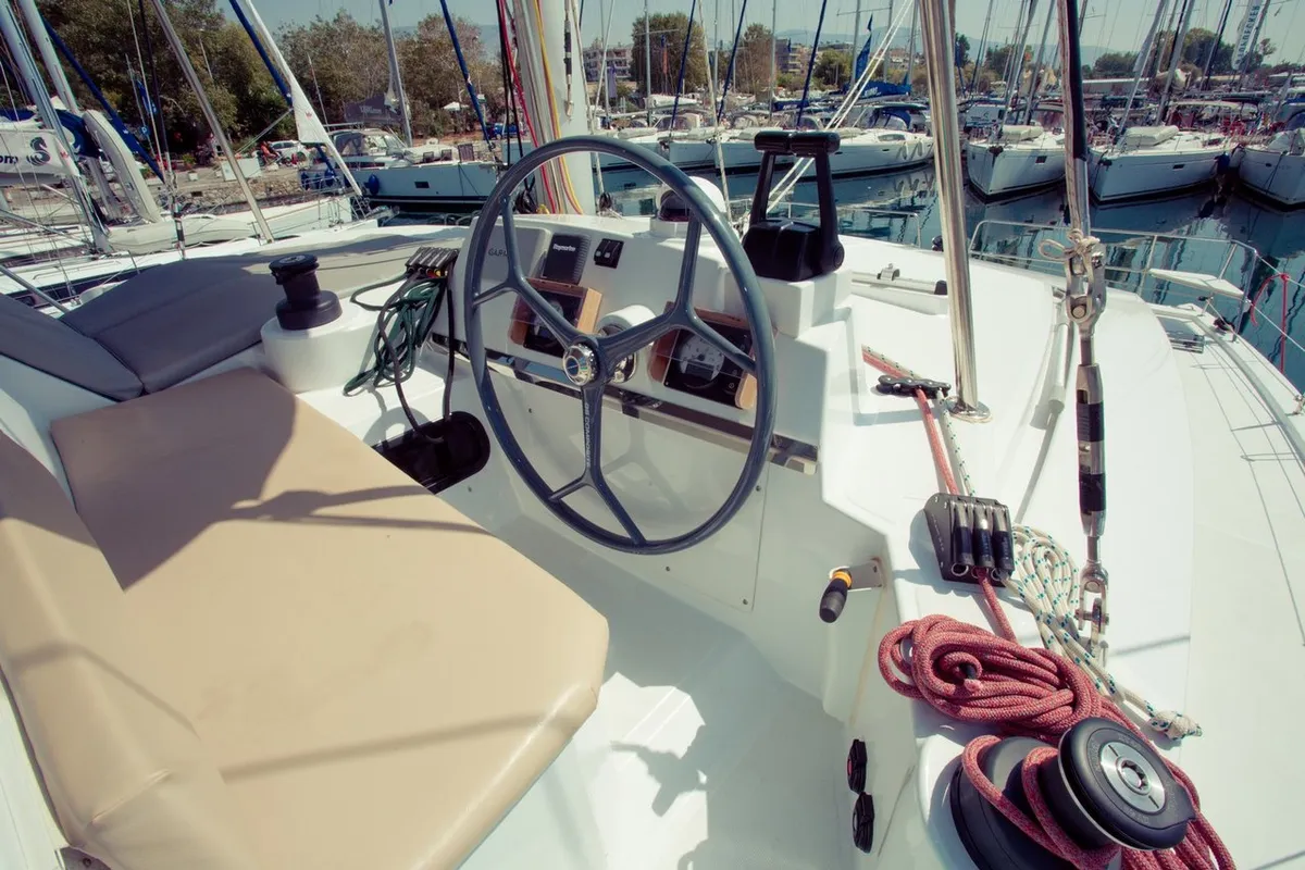 Cockpit of Blue Dream II, a Bali 4.0 catamaran at Keramoti, Greece
