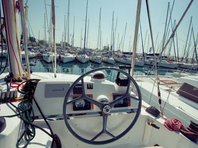 Cockpit of Blue Dream II, a Bali 4.0 catamaran at Keramoti, Greece