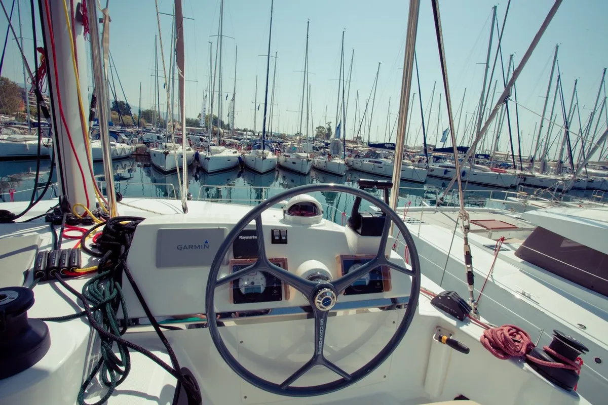 Cockpit of Blue Dream II, a Bali 4.0 catamaran at Keramoti, Greece