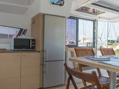 Galley of Blue Dream II, a Bali 4.0 catamaran at Keramoti, Greece
