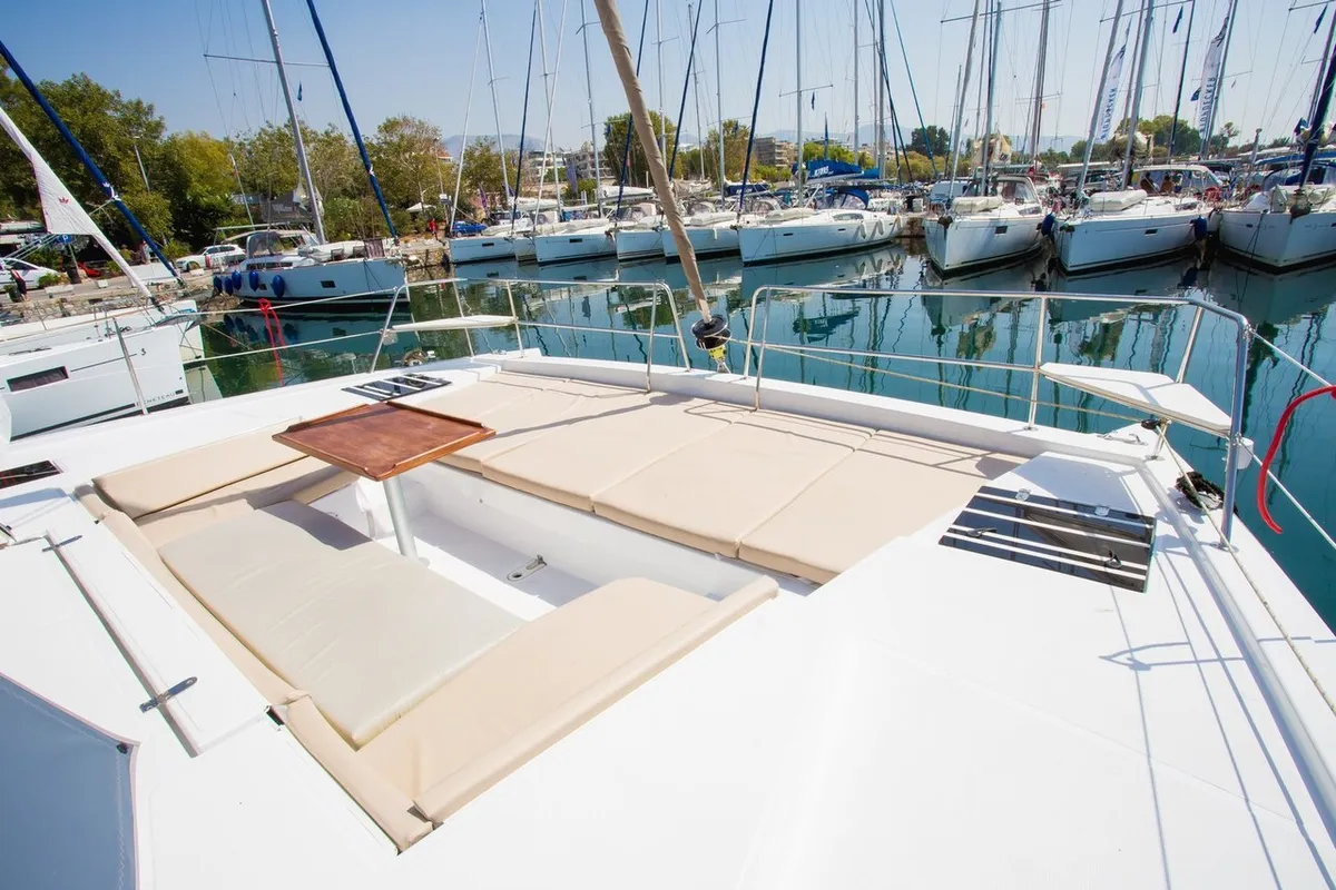 Deck of Blue Dream II, a Bali 4.0 catamaran at Keramoti, Greece