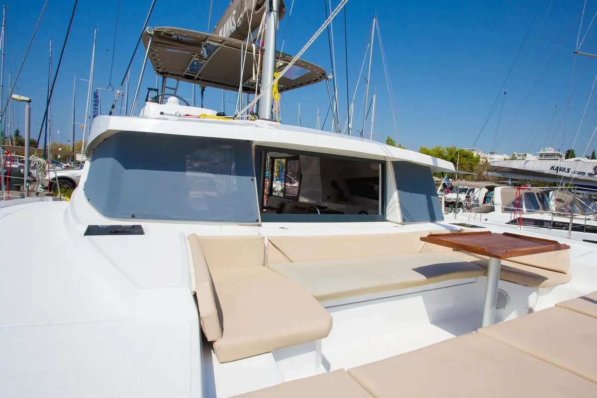 Deck of Blue Dream II, a Bali 4.0 catamaran at Keramoti, Greece