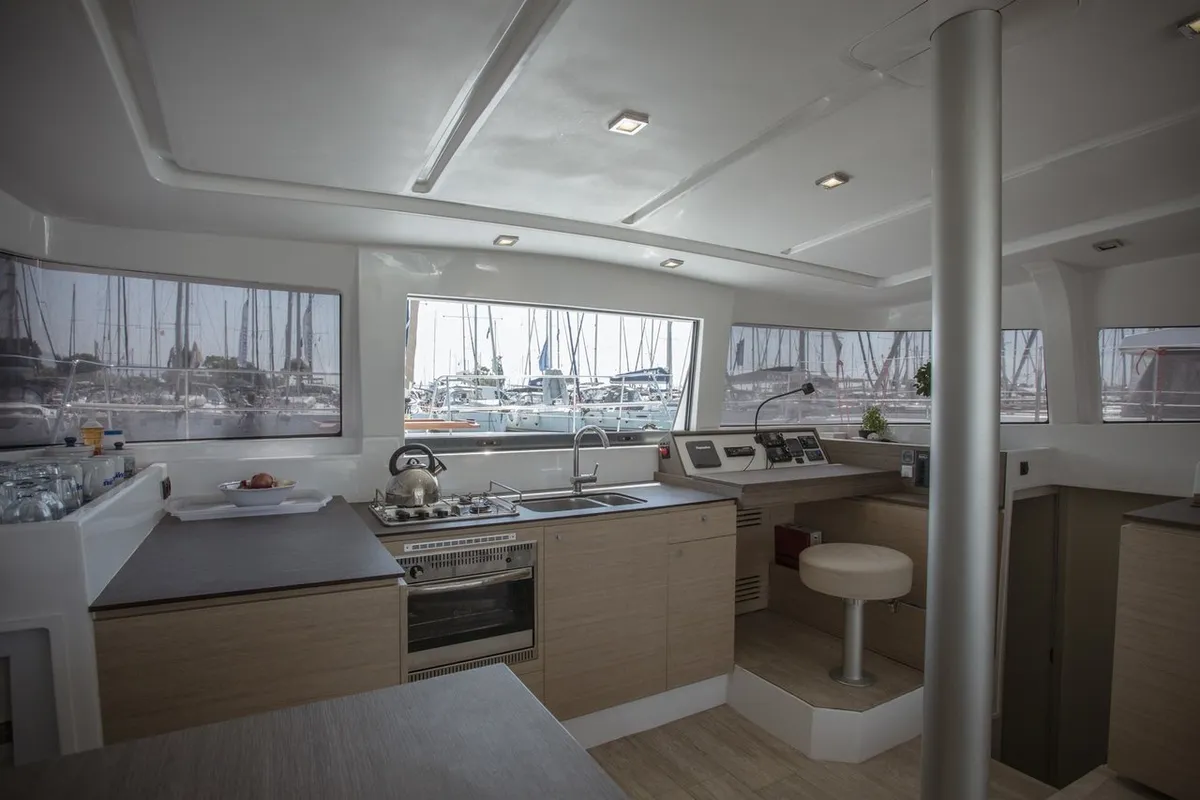 Galley of Blue Dream II, a Bali 4.0 catamaran at Keramoti, Greece