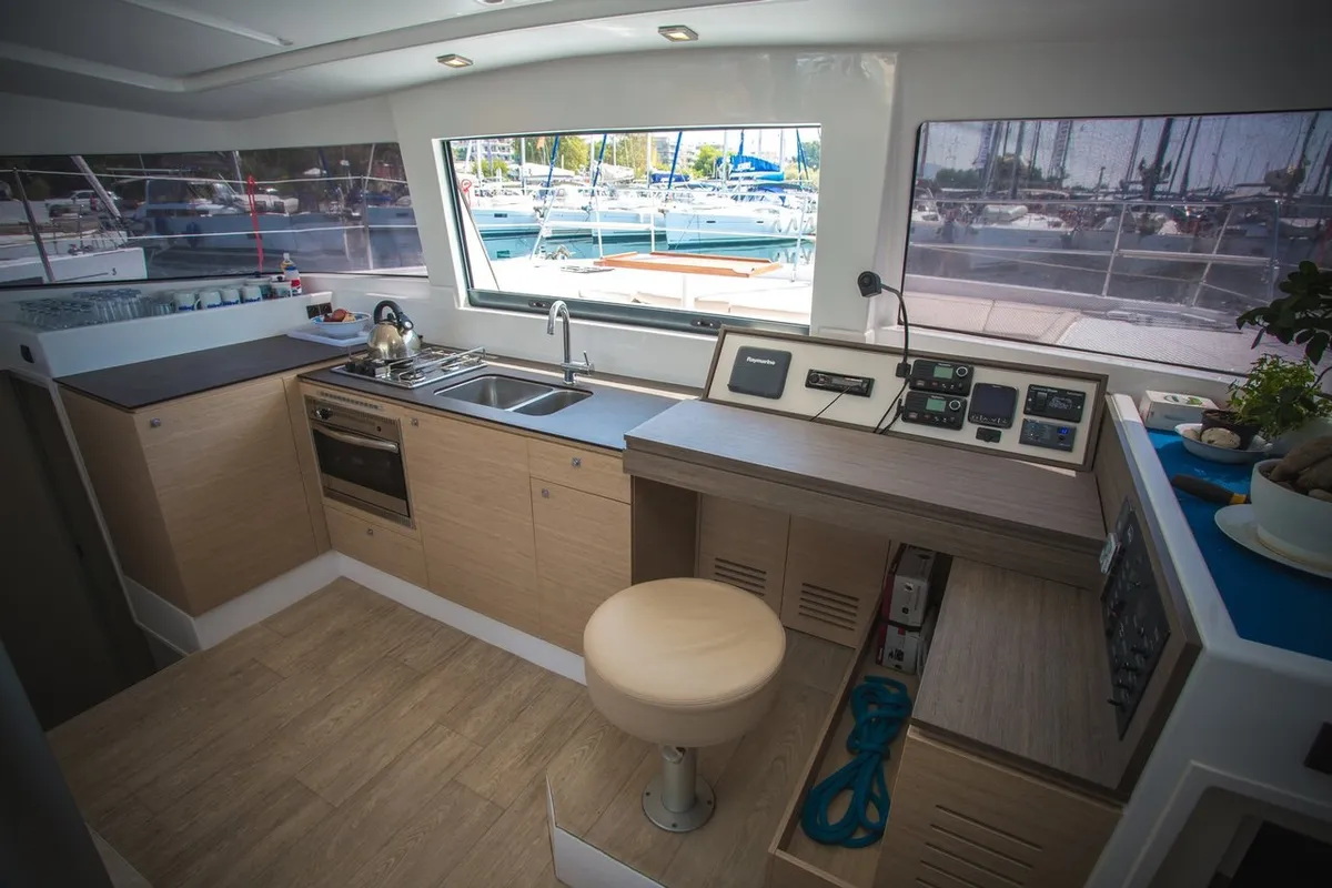 Galley of Blue Dream II, a Bali 4.0 catamaran at Keramoti, Greece