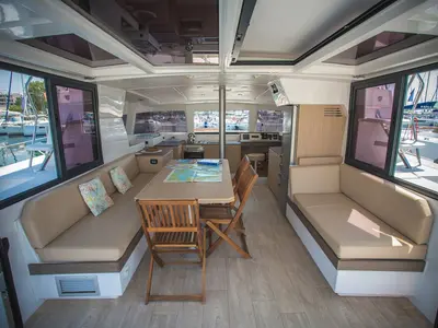 Salon of Blue Dream II, a Bali 4.0 catamaran at Keramoti, Greece