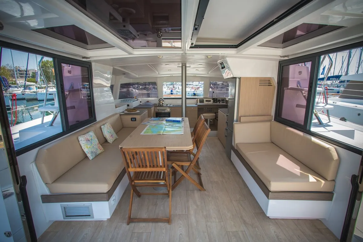 Salon of Blue Dream II, a Bali 4.0 catamaran at Keramoti, Greece