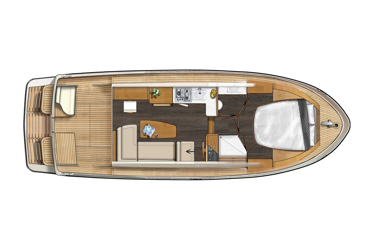 Floor plan of Station Racour, a Linssen Grand Sturdy 30 motorboat at Kinrooi, Belgium
