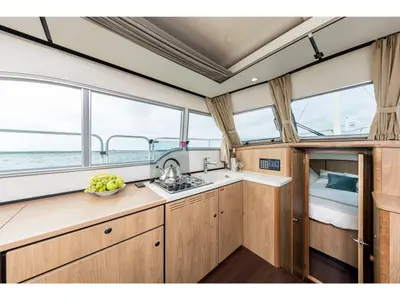 Galley of Station Racour, a Linssen Grand Sturdy 30 motorboat at Kinrooi, Belgium