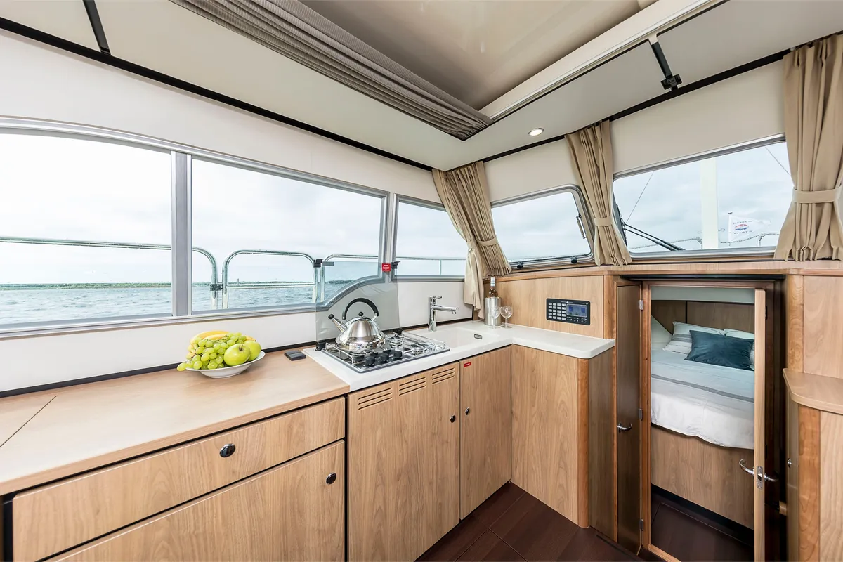 Galley of Station Racour, a Linssen Grand Sturdy 30 motorboat at Kinrooi, Belgium