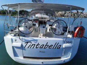 Exterior view of Tintabella, a Jeanneau Sun Odyssey 469 sailboat at Athens, Greece