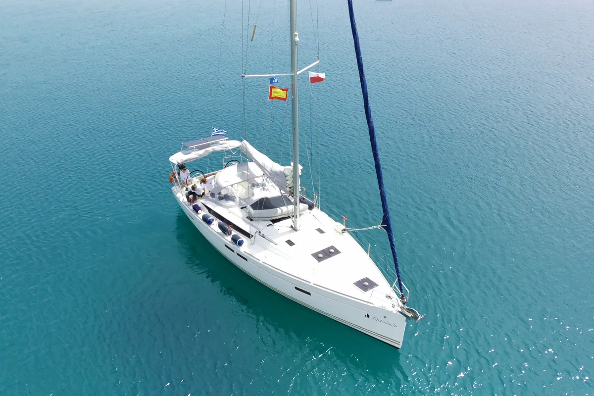 Exterior view of Tintabella, a Jeanneau Sun Odyssey 469 sailboat at Athens, Greece