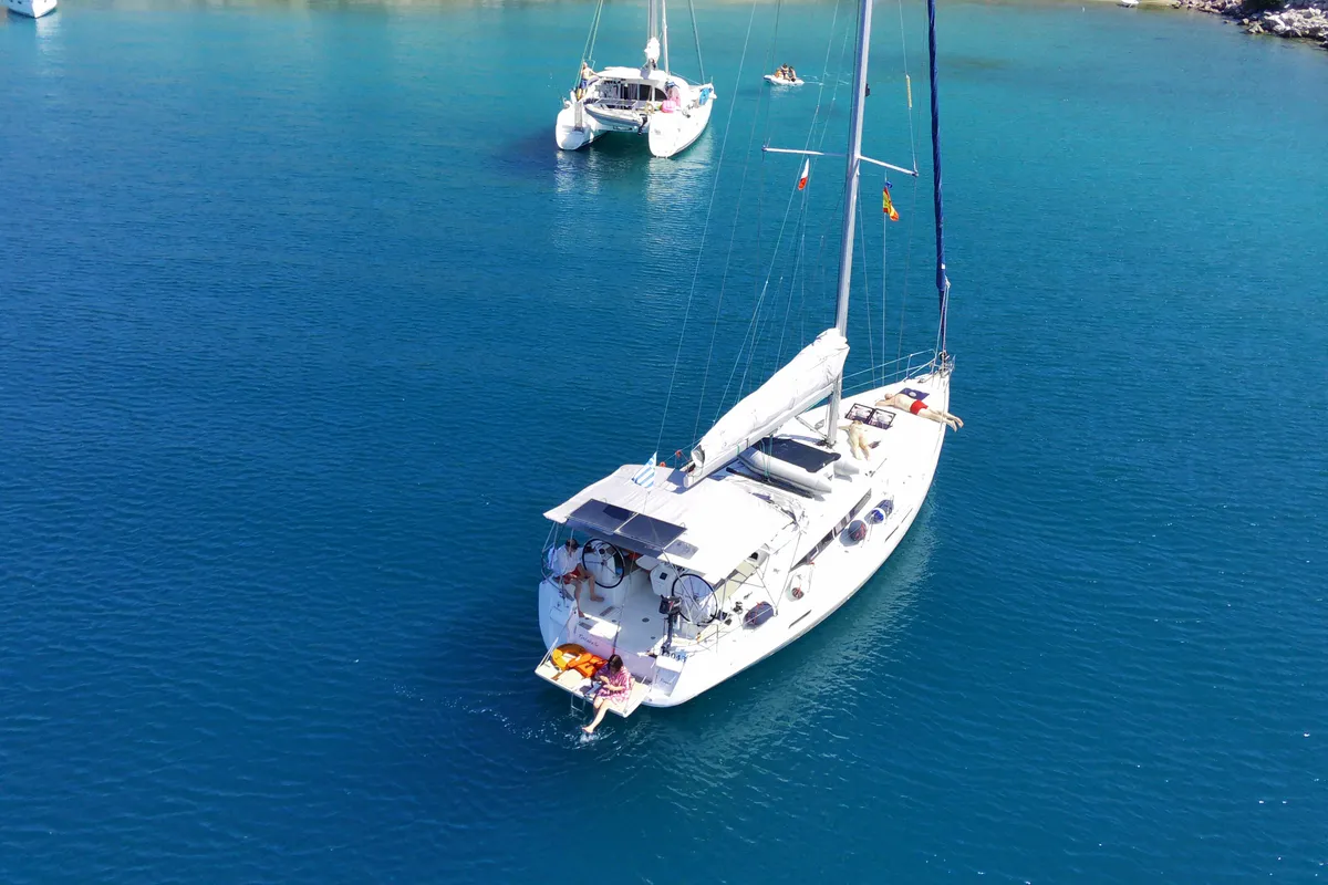 Exterior view of Tintabella, a Jeanneau Sun Odyssey 469 sailboat at Athens, Greece