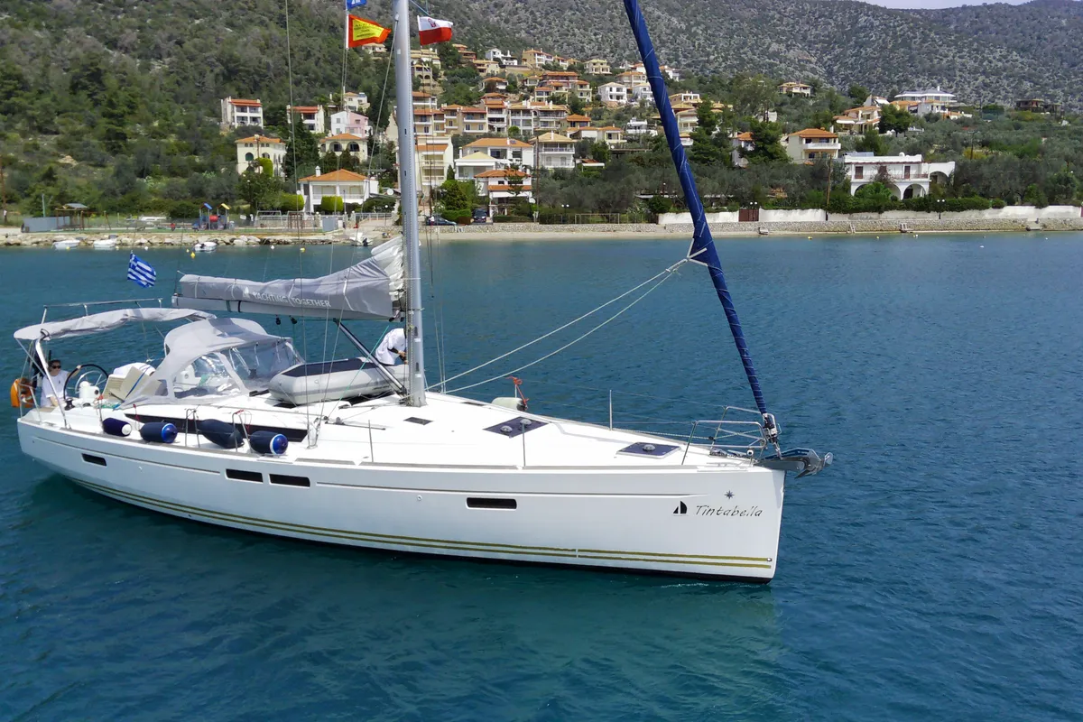 Exterior view of Tintabella, a Jeanneau Sun Odyssey 469 sailboat at Athens, Greece