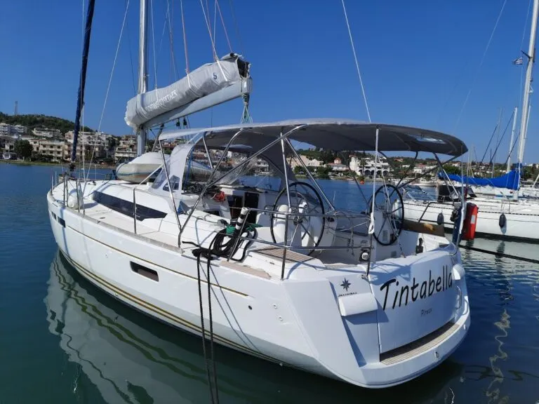 Exterior view of Tintabella, a Jeanneau Sun Odyssey 469 sailboat at Athens, Greece