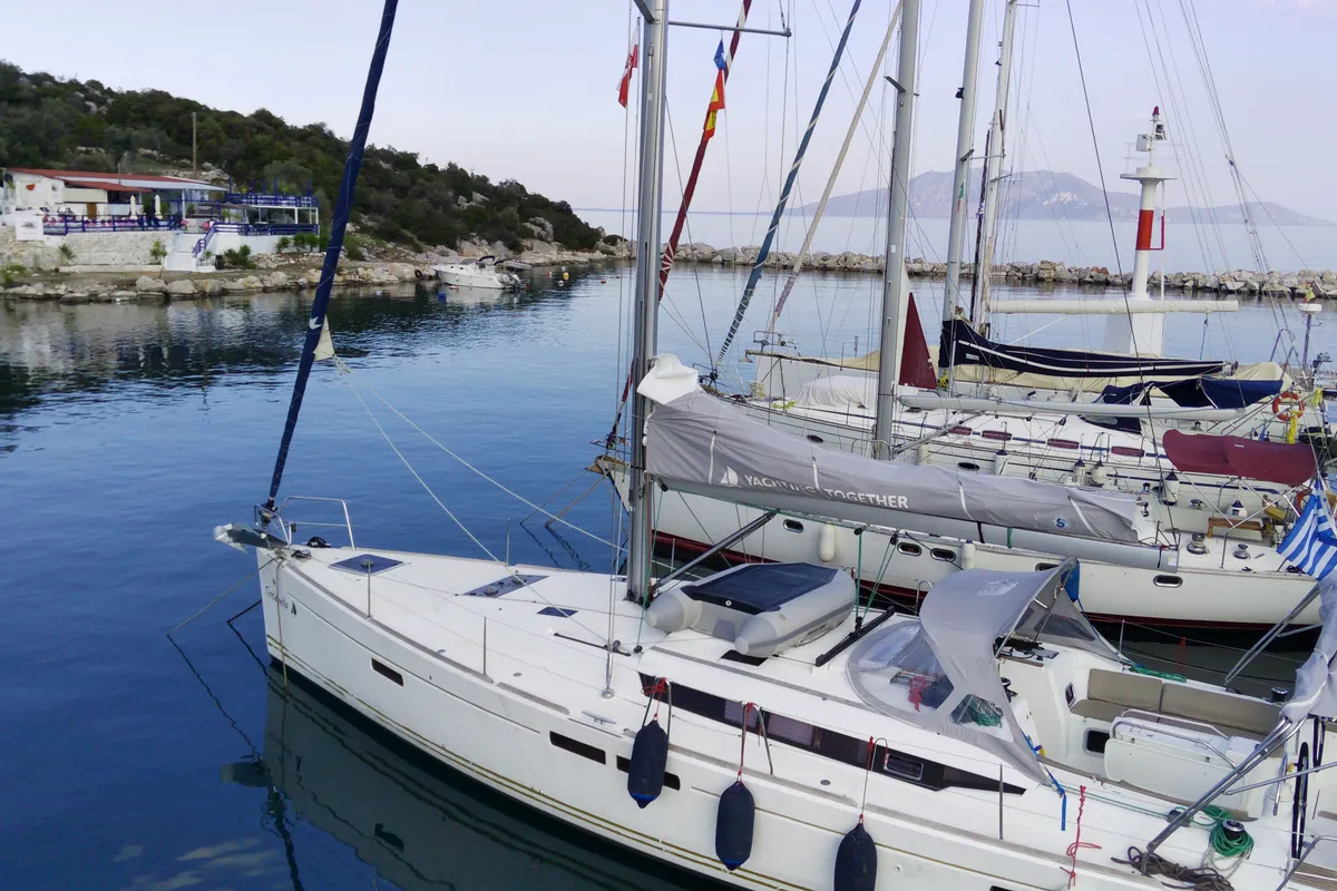 Exterior view of Tintabella, a Jeanneau Sun Odyssey 469 sailboat at Athens, Greece