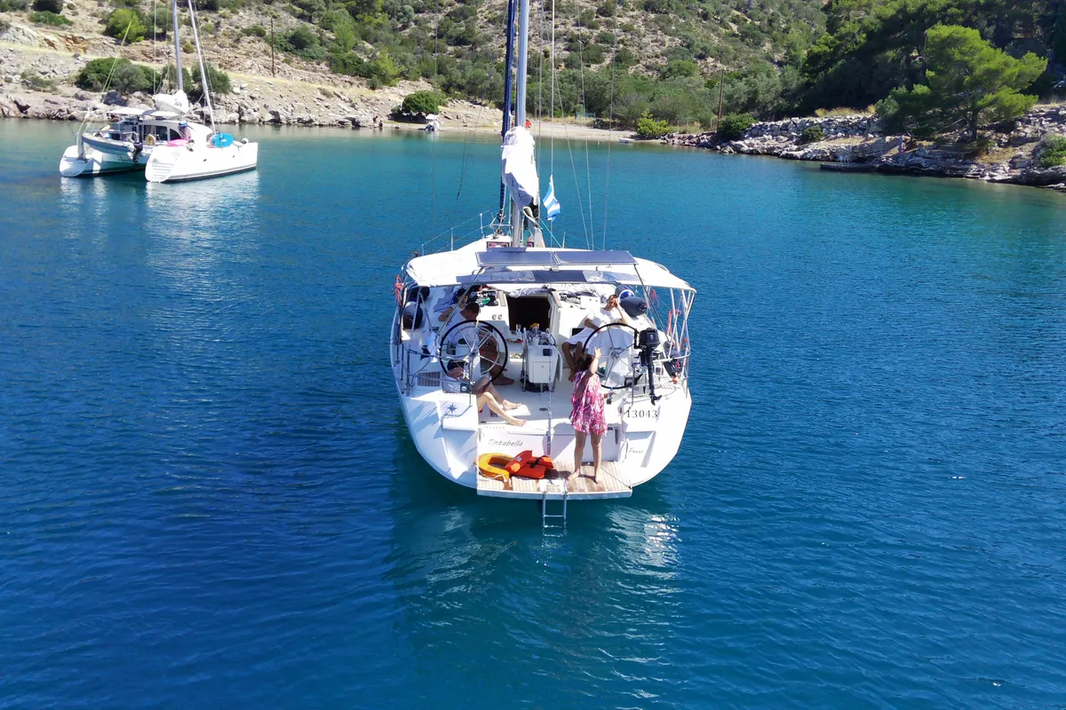 Exterior view of Tintabella, a Jeanneau Sun Odyssey 469 sailboat at Athens, Greece