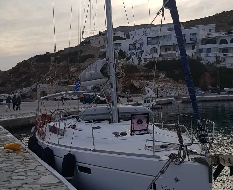 Exterior view of Tintabella, a Jeanneau Sun Odyssey 469 sailboat at Athens, Greece
