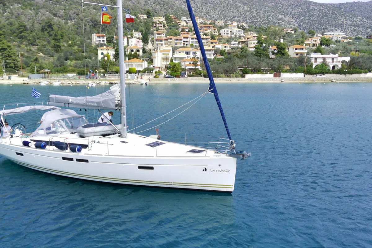 Exterior view of Tintabella, a Jeanneau Sun Odyssey 469 sailboat at Athens, Greece