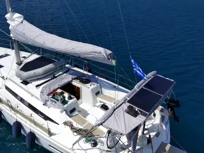 Deck of Tintabella, a Jeanneau Sun Odyssey 469 sailboat at Athens, Greece