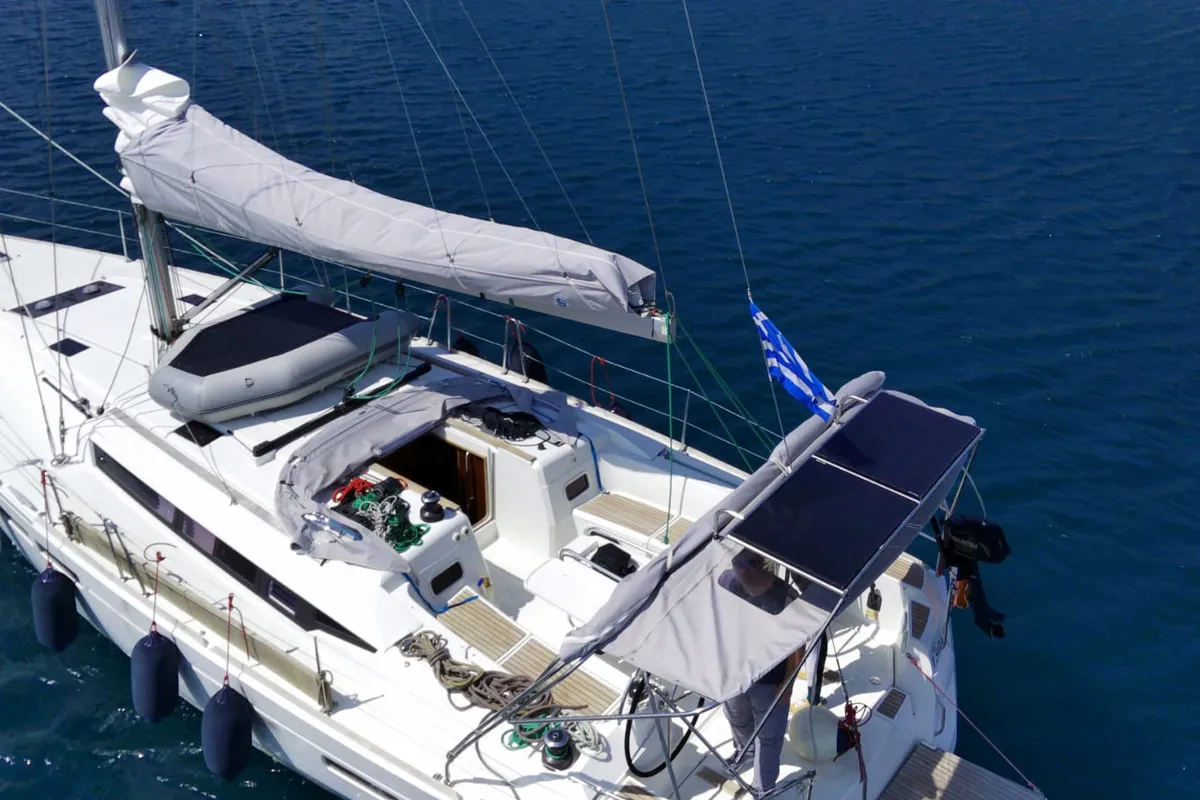 Deck of Tintabella, a Jeanneau Sun Odyssey 469 sailboat at Athens, Greece