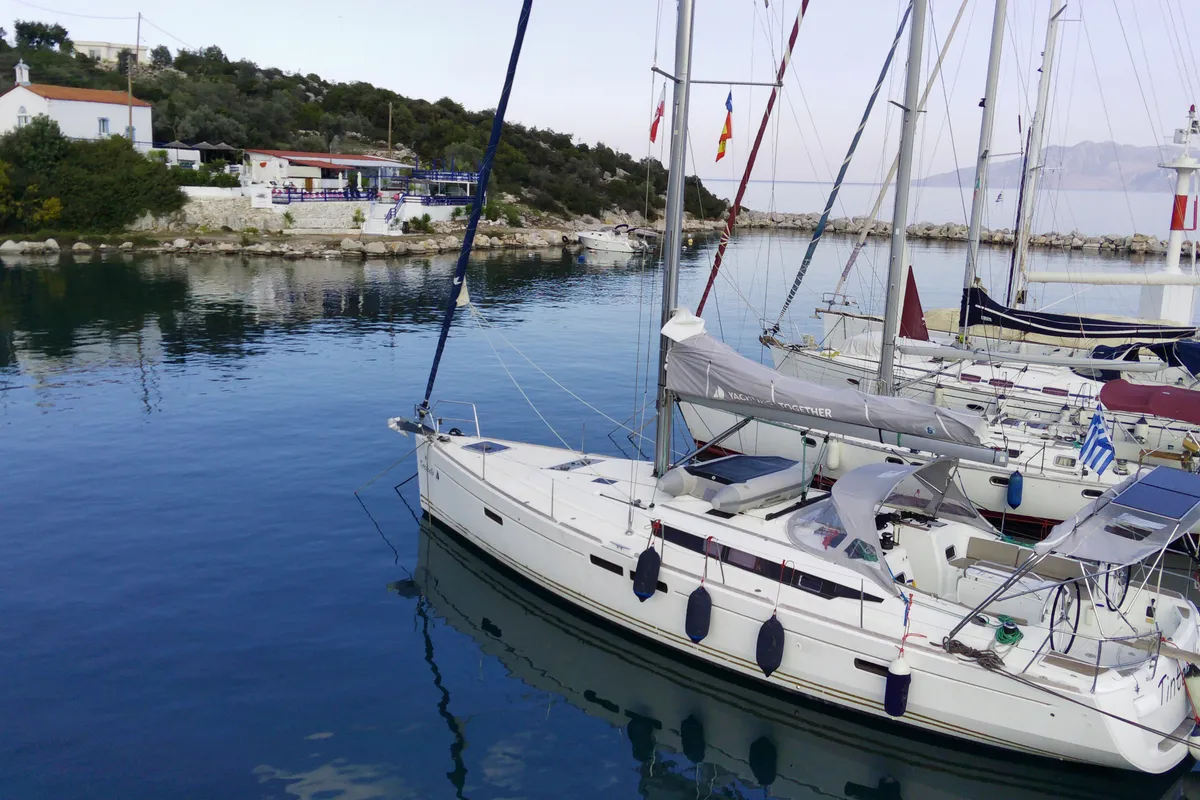 Exterior view of Tintabella, a Jeanneau Sun Odyssey 469 sailboat at Athens, Greece