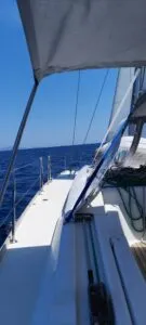 Deck of Tintabella, a Jeanneau Sun Odyssey 469 sailboat at Athens, Greece