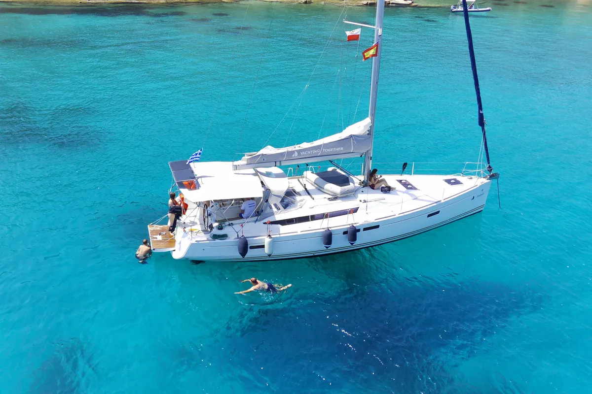 Exterior view of Tintabella, a Jeanneau Sun Odyssey 469 sailboat at Athens, Greece