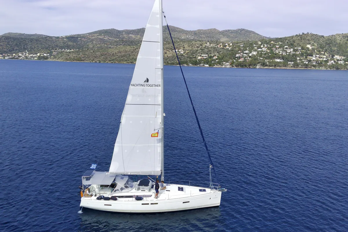 Exterior view of Tintabella, a Jeanneau Sun Odyssey 469 sailboat at Athens, Greece