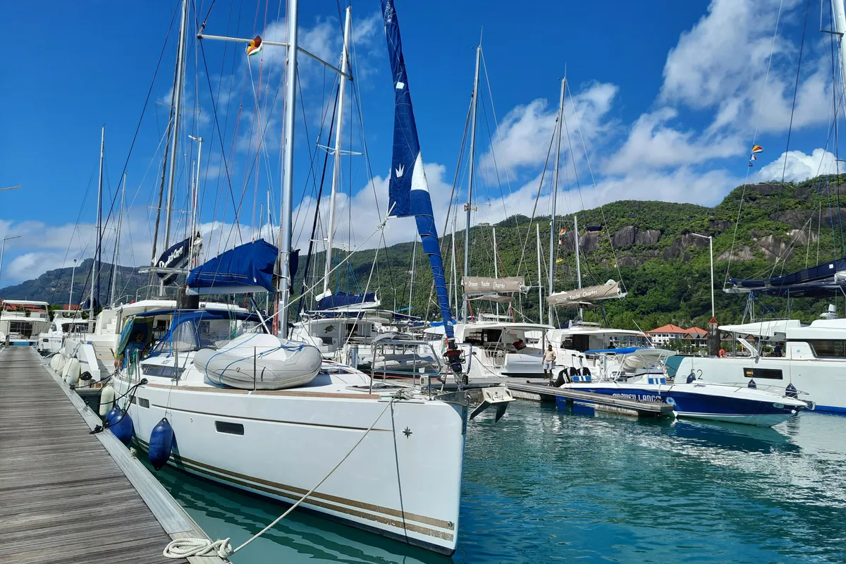 Exterior view of Tintabella, a Jeanneau Sun Odyssey 469 sailboat at Athens, Greece