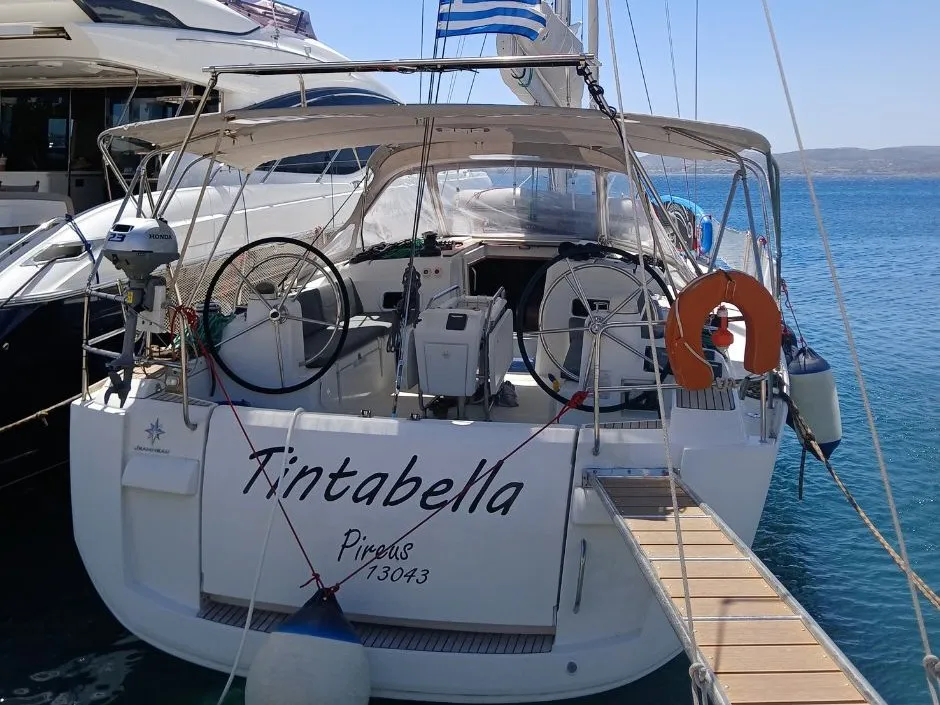 Exterior view of Tintabella, a Jeanneau Sun Odyssey 469 sailboat at Athens, Greece