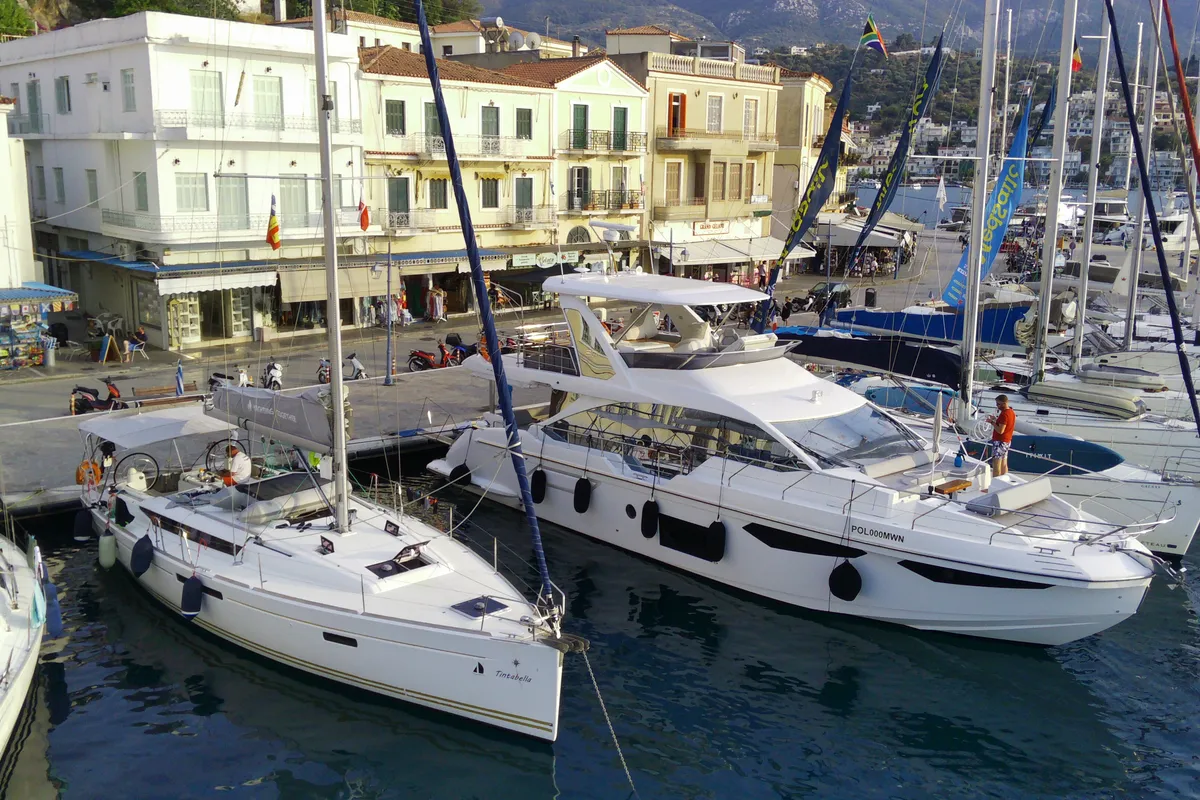 Exterior view of Tintabella, a Jeanneau Sun Odyssey 469 sailboat at Athens, Greece