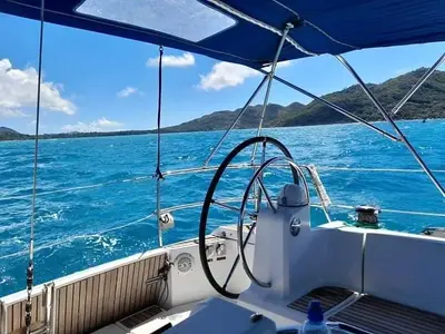 Cockpit of Tintabella, a Jeanneau Sun Odyssey 469 sailboat at Athens, Greece