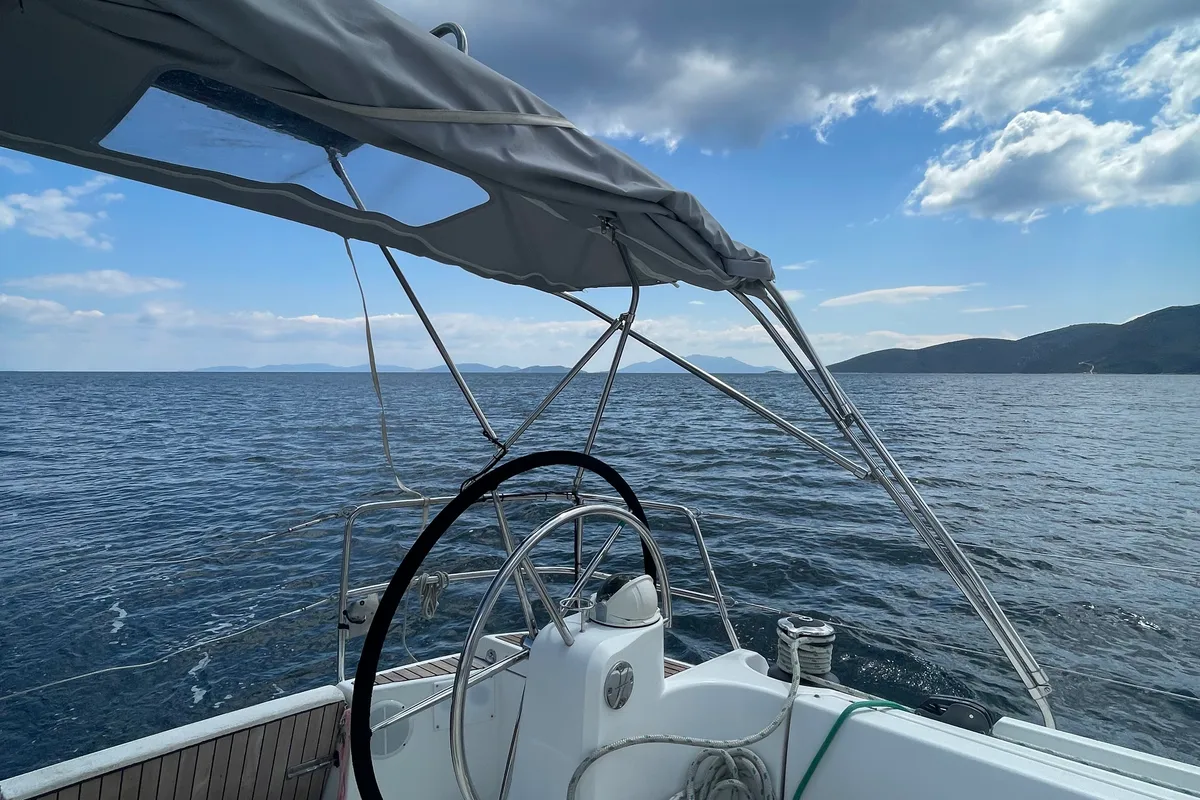 Cockpit of Tintabella, a Jeanneau Sun Odyssey 469 sailboat at Athens, Greece