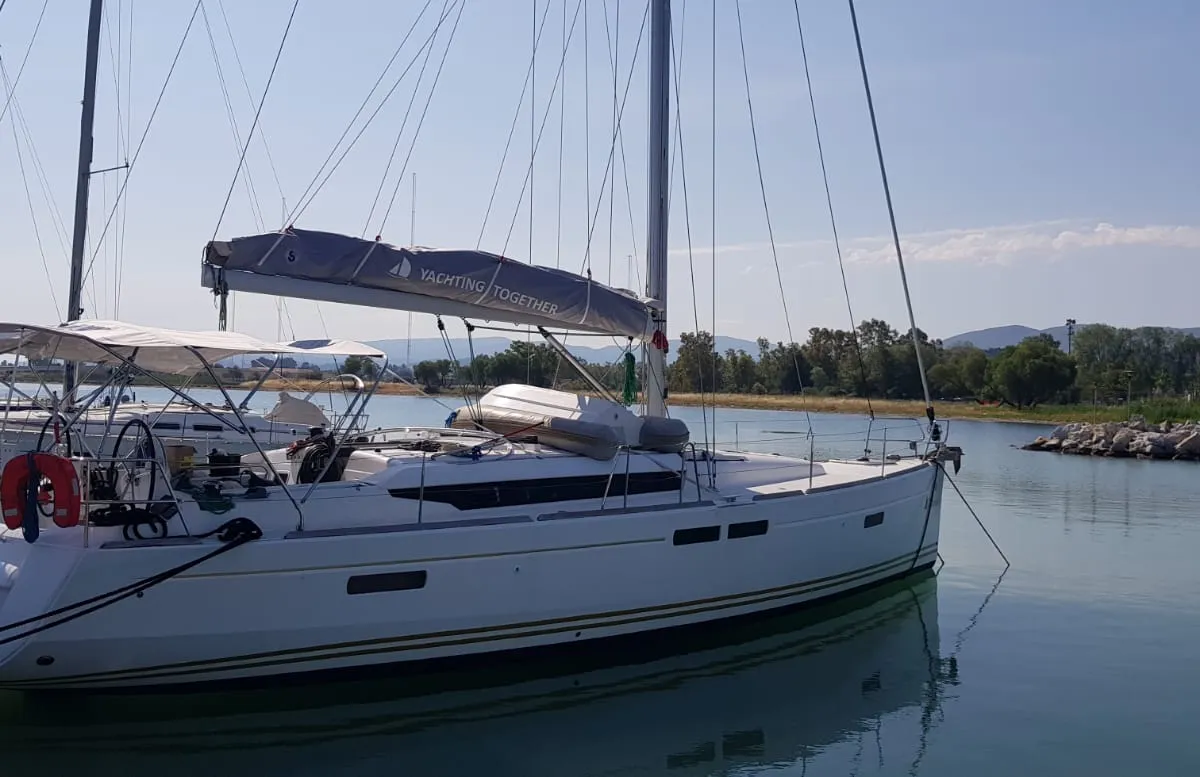 Exterior view of Tintabella, a Jeanneau Sun Odyssey 469 sailboat at Athens, Greece