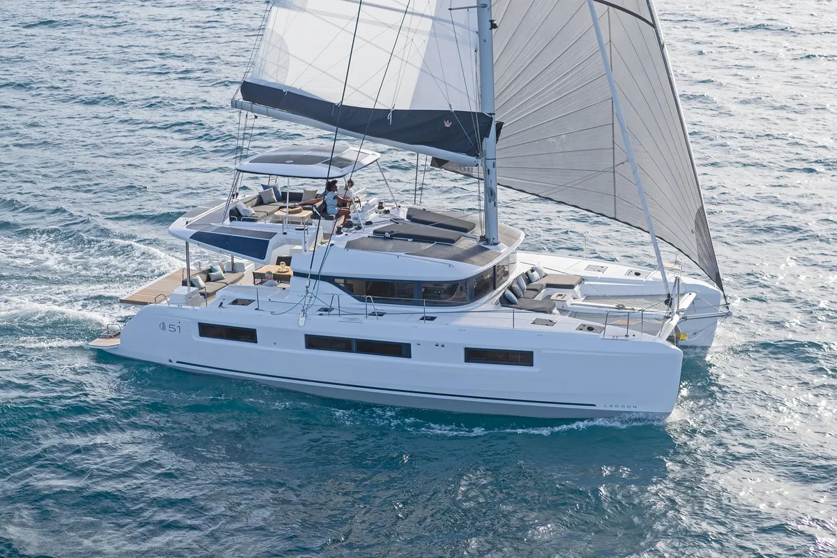 Exterior view of Effie Star, a Lagoon 51 catamaran at Athens, Greece