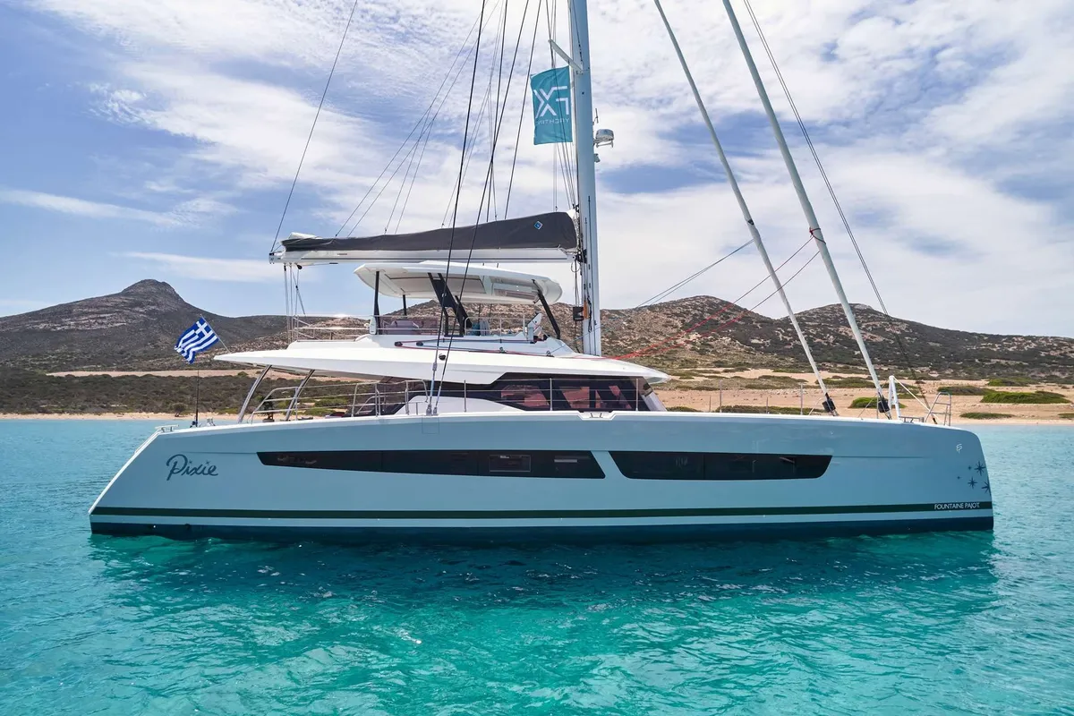 Pixie, a Fountaine Pajot Alegria 67 catamaran at Municipal Unit of Nea Peramos, Greece