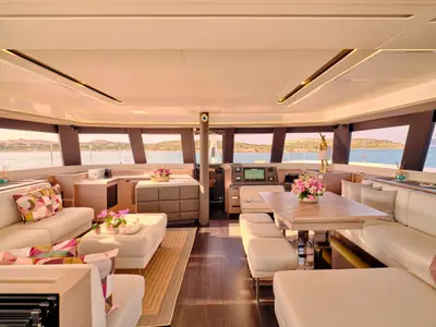 Cockpit of Pixie, a Fountaine Pajot Alegria 67 catamaran at Nea Peramos, Greece