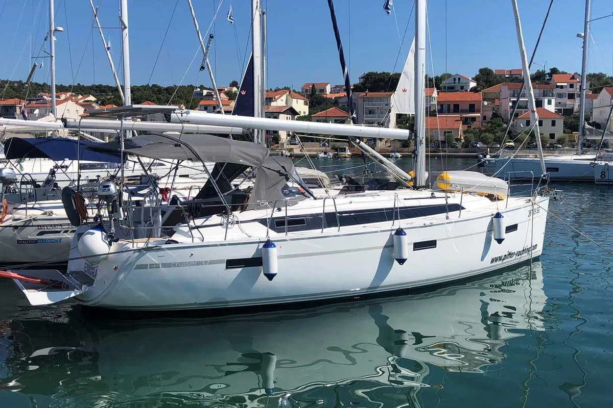 Exterior view of Emira, a Bavaria Cruiser 37 sailboat at Jezera, Croatia