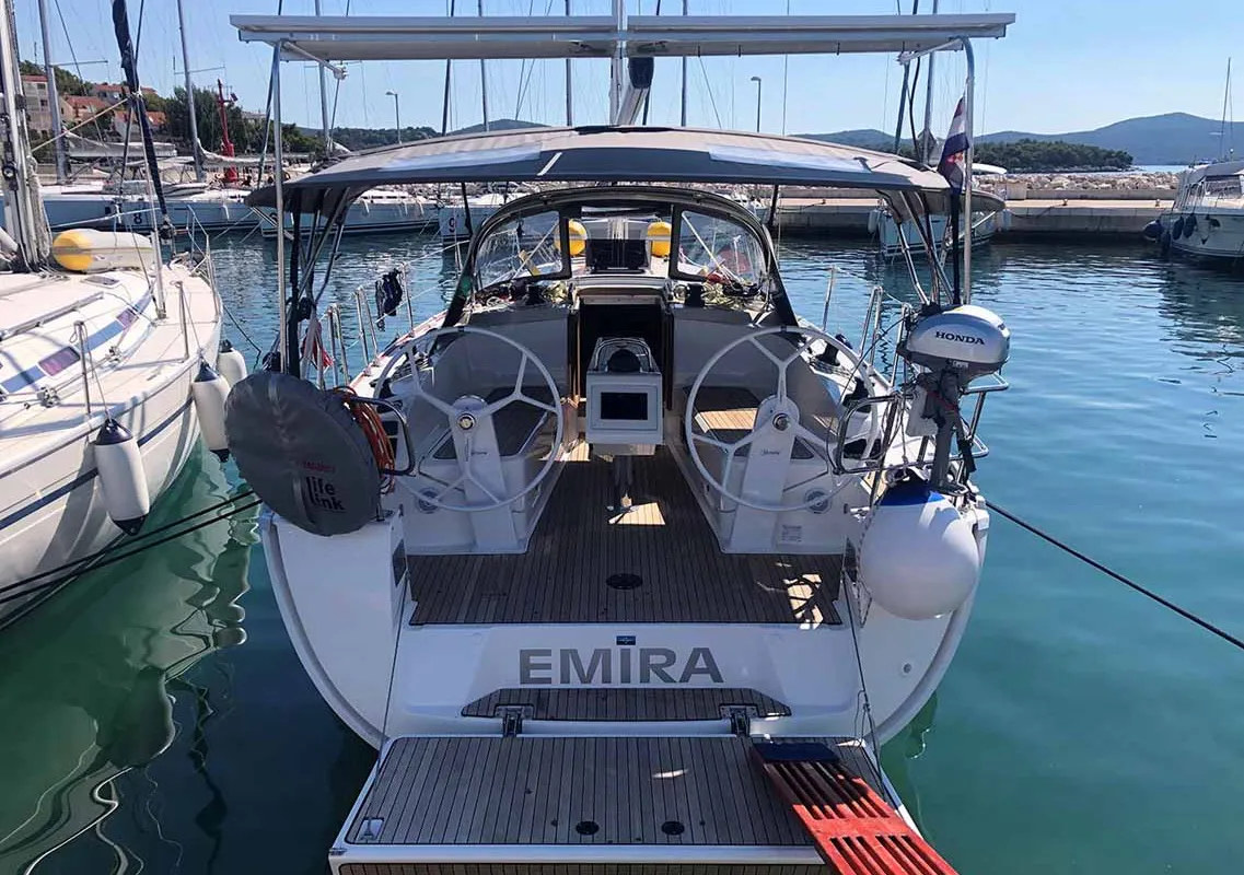Cockpit of Emira, a Bavaria Cruiser 37 sailboat at Jezera, Croatia