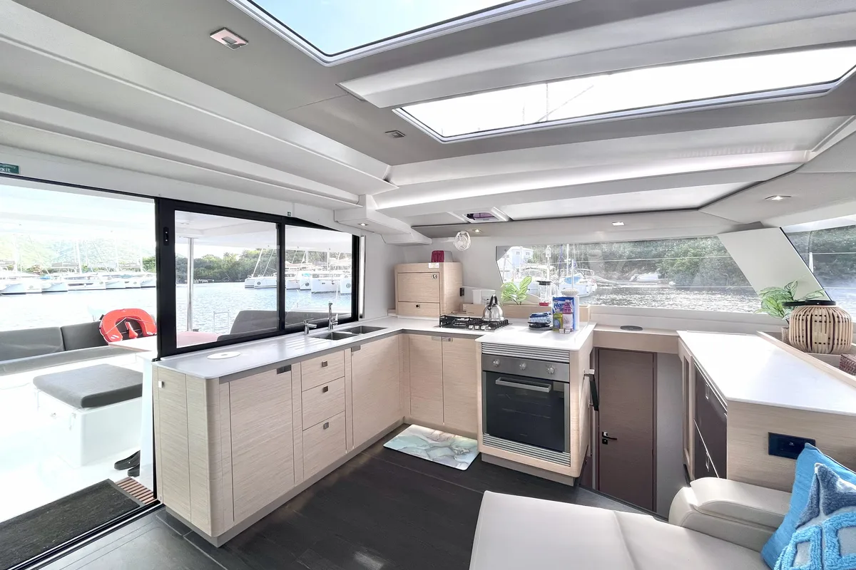 Galley of Blue Vibes, a Fountaine Pajot Tanna 47 catamaran at Parham Town, British Virgin Islands