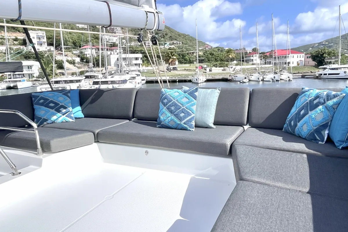Deck of Blue Vibes, a Fountaine Pajot Tanna 47 catamaran at Parham Town, British Virgin Islands