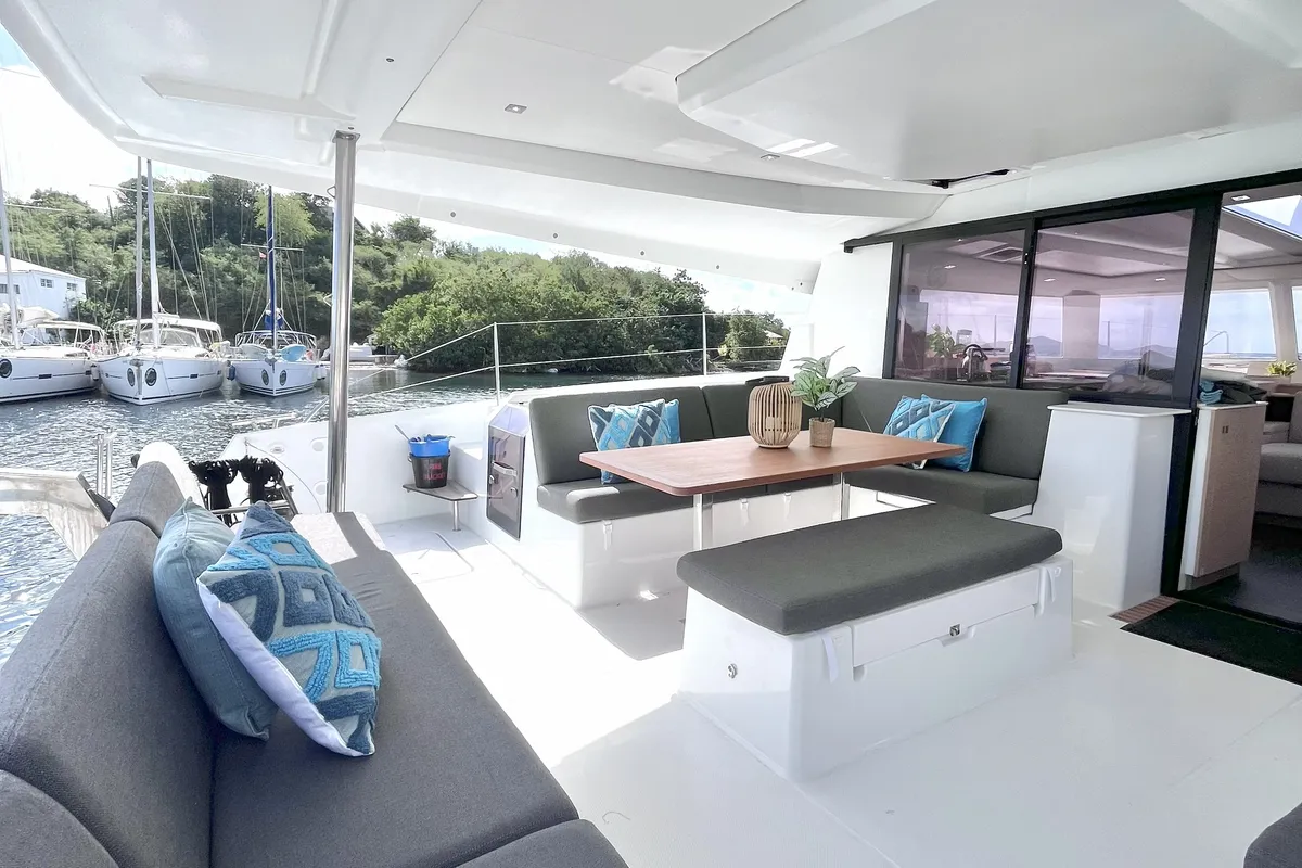 Deck of Blue Vibes, a Fountaine Pajot Tanna 47 catamaran at Parham Town, British Virgin Islands