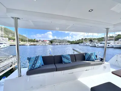 Deck of Blue Vibes, a Fountaine Pajot Tanna 47 catamaran at Parham Town, British Virgin Islands